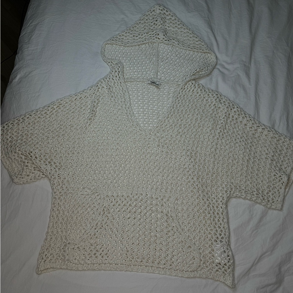 Forever 21 Crochet Hoodie Sweater Short Sleeve Kangaroo Pocket Loose Fit -Medium